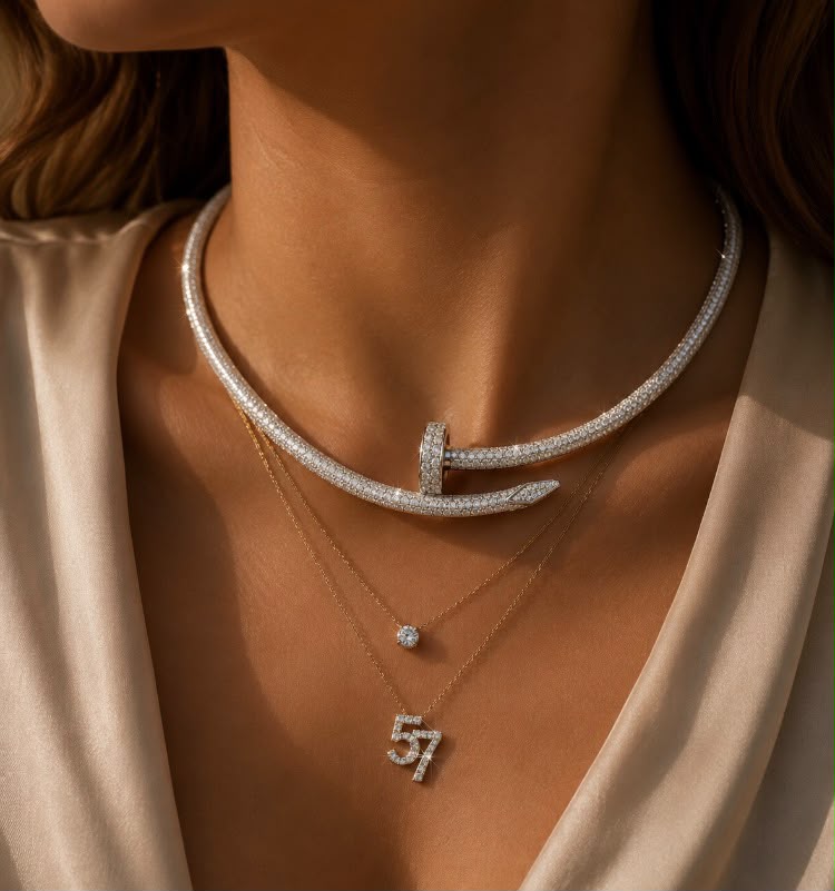 Full Pavé Diamond Nail Choker Necklace worn by woman layered with 57 necklace