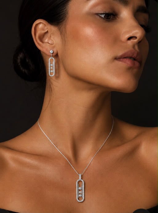 Floating Diamond Oval Drop Earrings worn with matching necklace