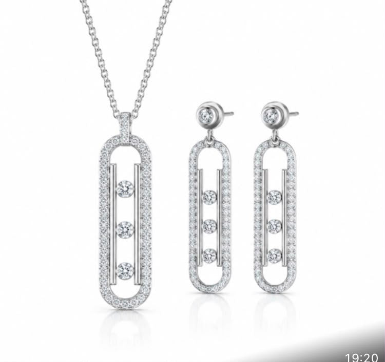 Floating Diamond Oval Drop Earrings and matching necklace product shot