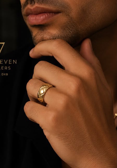 Quilted Gold Chunky Hoop Earrings worn on man - 57 Jewellers campaign