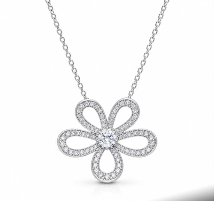 Diamond Pavé Flower Pendant Necklace product shot on white background