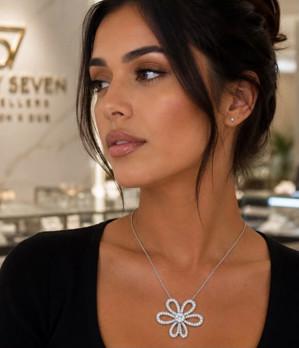 Diamond Pavé Flower Pendant Necklace worn in 57 Jewellers boutique