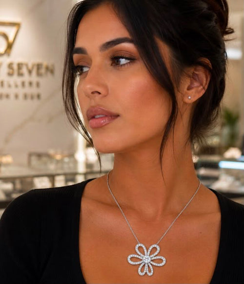 Diamond Pavé Flower Pendant Necklace worn in 57 Jewellers boutique