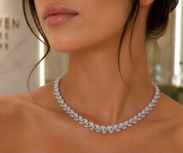 Diamond Pavé Leaf Collar Necklace worn at 57 Jewellers boutique